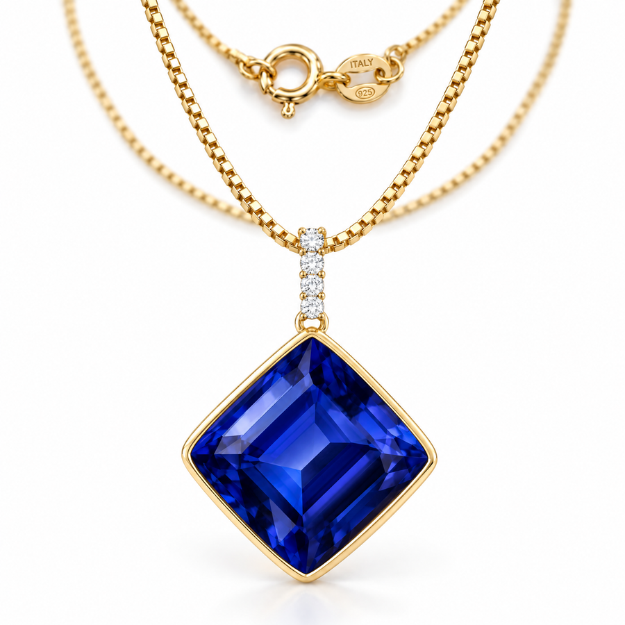 Yellow Gold Ifigenia lab-grown sapphire necklace, shown with chain and clasp detail.