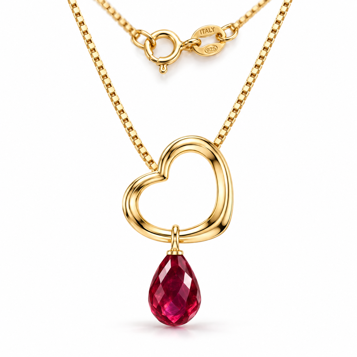 Yellow Gold Giuseppa lab-grown ruby necklace, shown with chain and clasp detail.