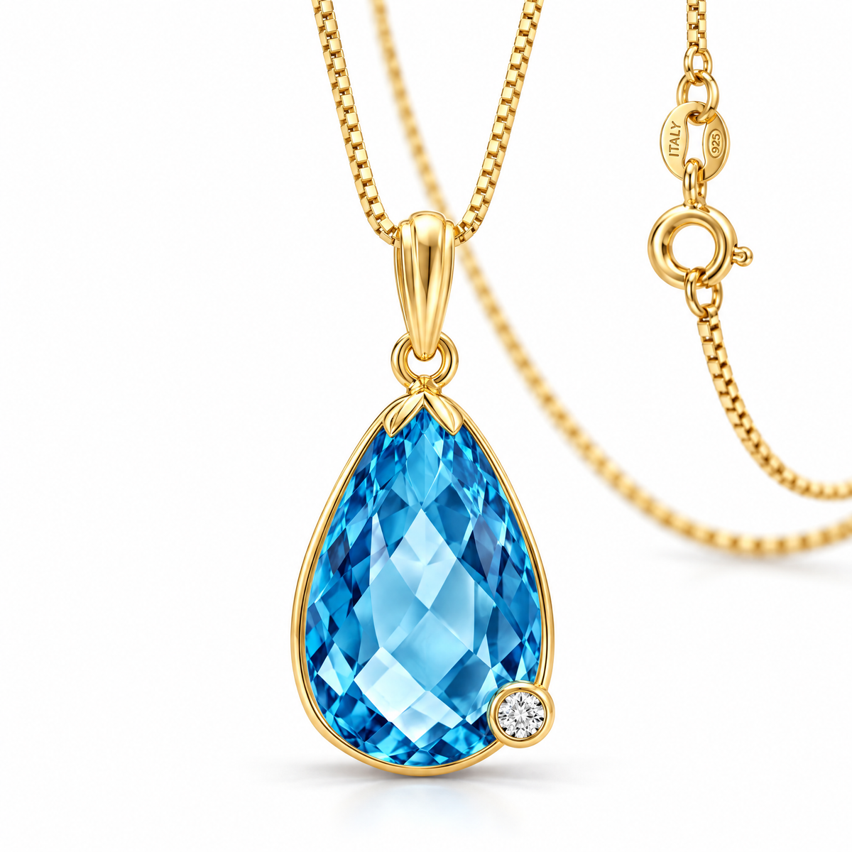 Yellow Gold Gaudenzia natural blue topaz necklace, shown with chain and clasp detail.