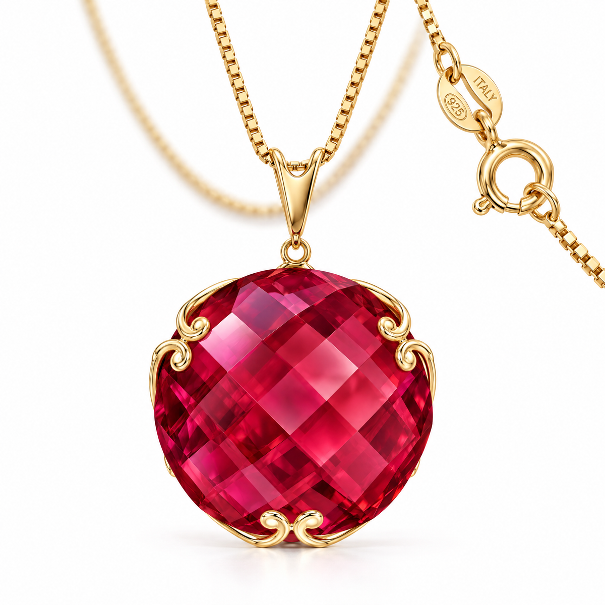Yellow Gold Fabrizia lab-grown ruby necklace, shown with chain and clasp detail.