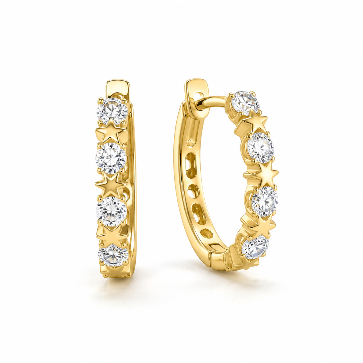 Yellow Gold — Stellina White Sapphire Huggie Earrings — view 1