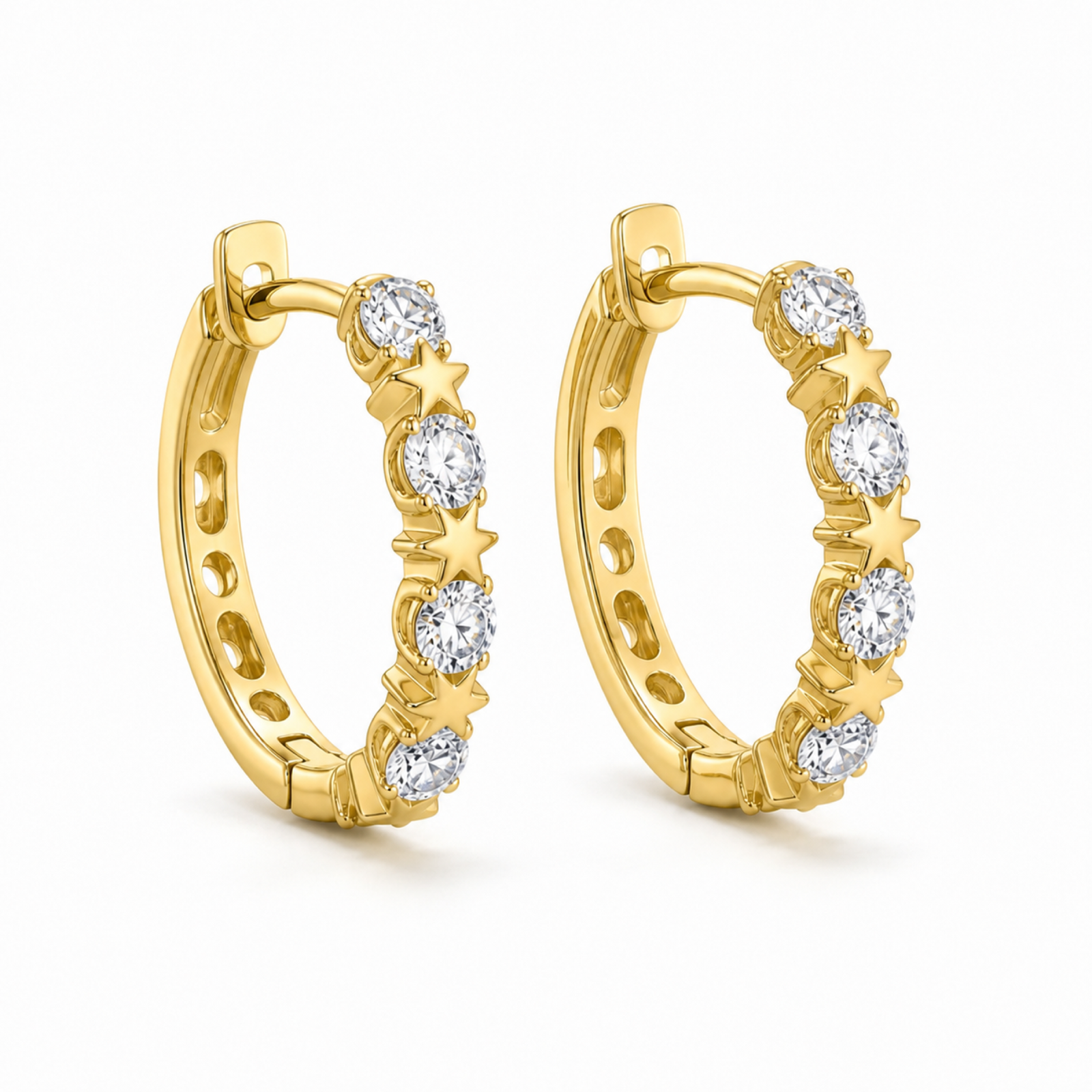 Yellow Gold — Stellina White Sapphire Huggie Earrings — view 2