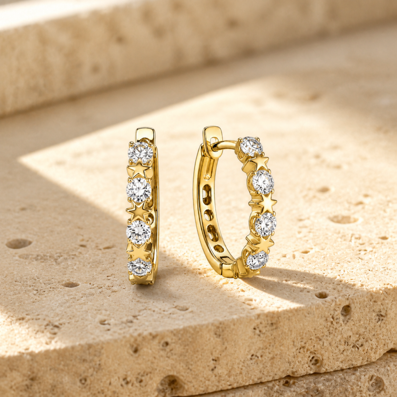 Yellow Gold — Stellina White Sapphire Huggie Earrings — view 3