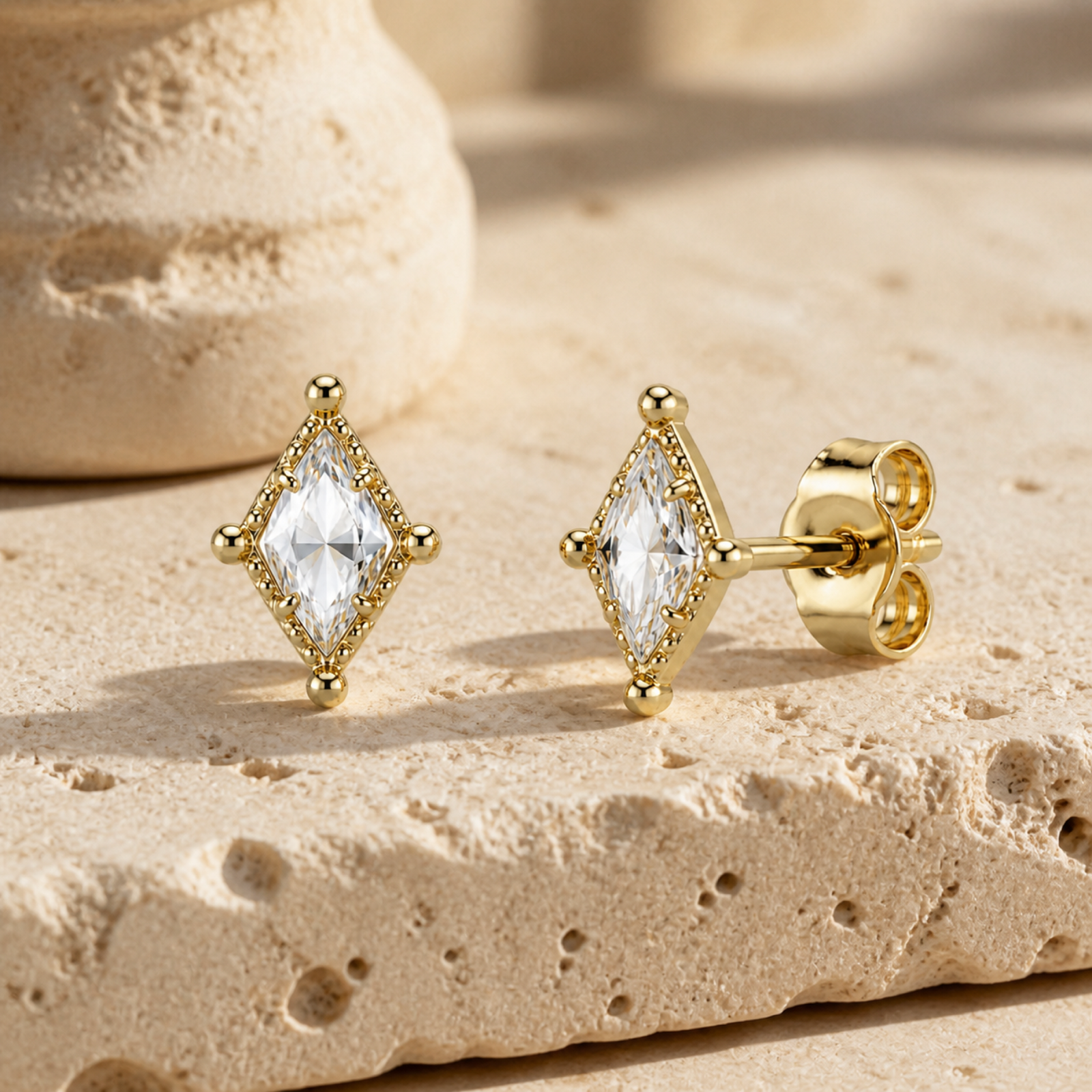 Yellow Gold — Lancia Fiorentina White Sapphire Stud Earrings — view 3