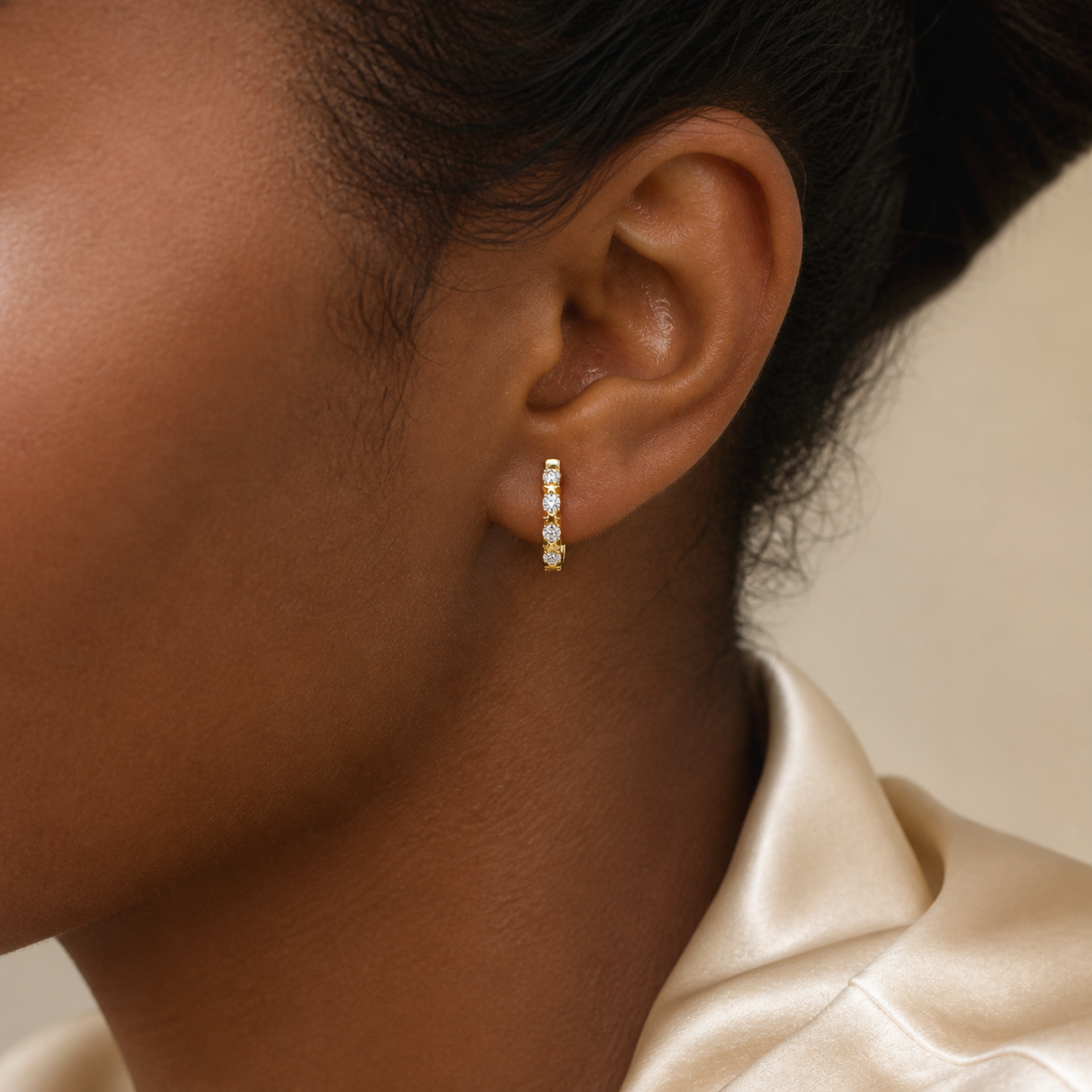 Yellow Gold — Stellina White Sapphire Huggie Earrings — view 5