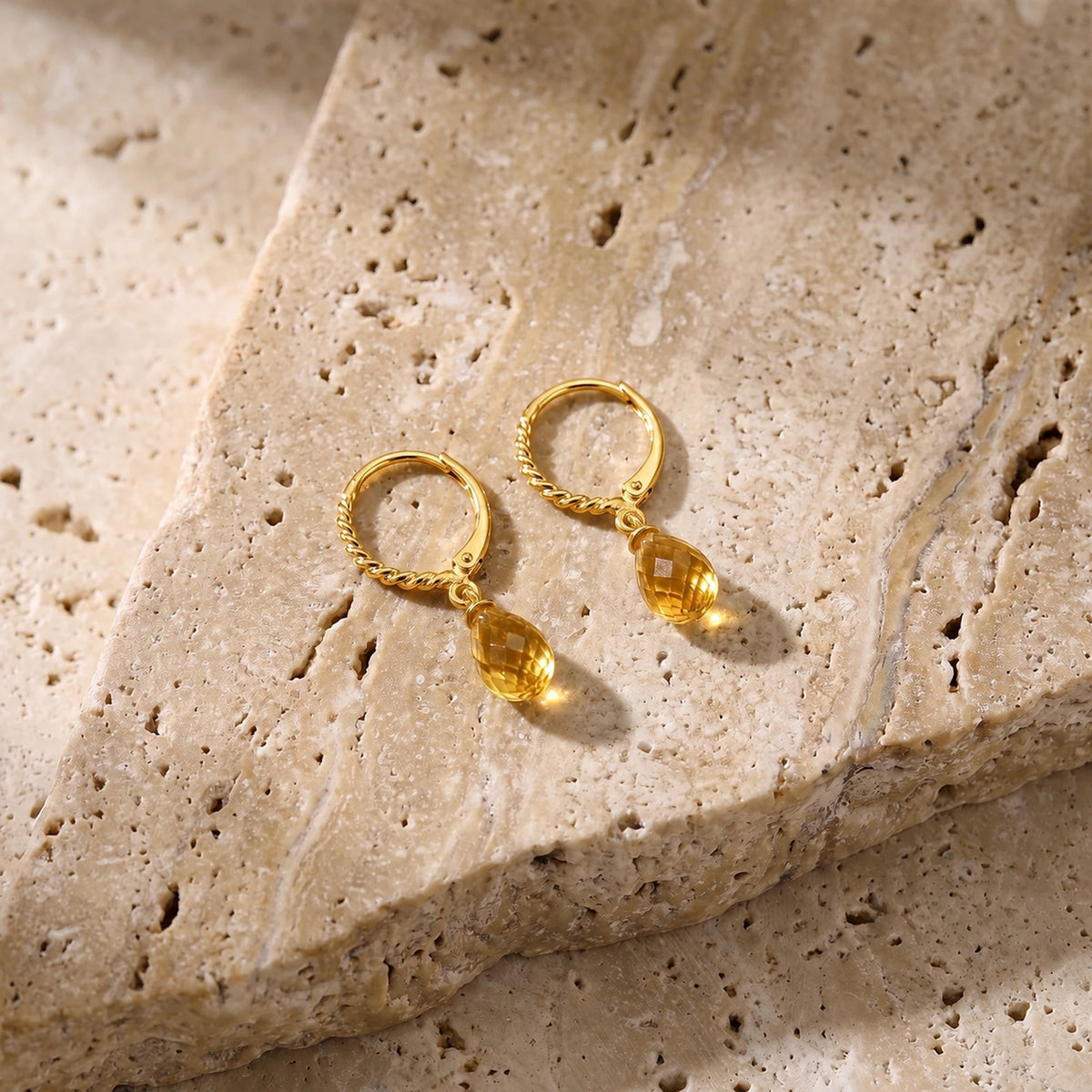 Yellow Gold Citrine Leverback Earrings — Clara — travertine lifestyle