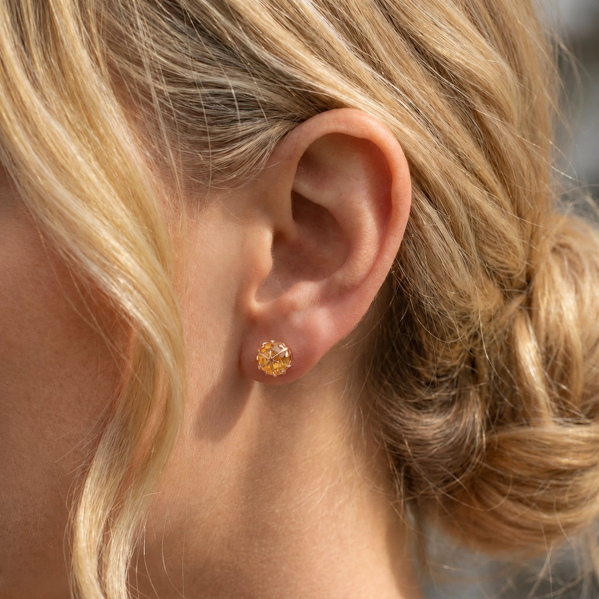 Rose Gold Citrine Stud Earrings — Alida — model close-up