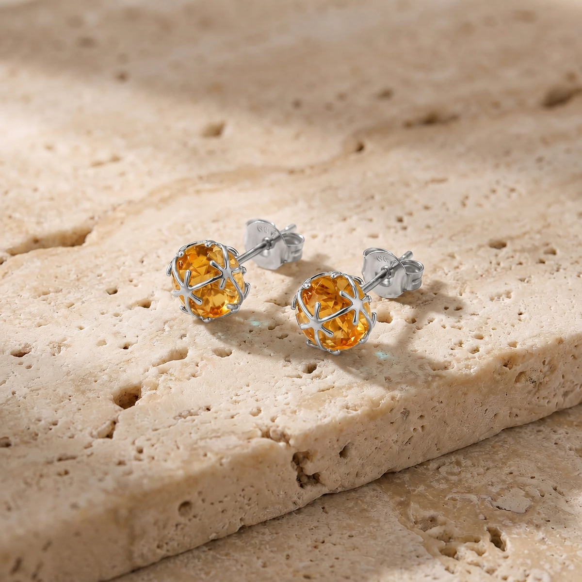 White Gold Citrine Stud Earrings — Alida — travertine lifestyle