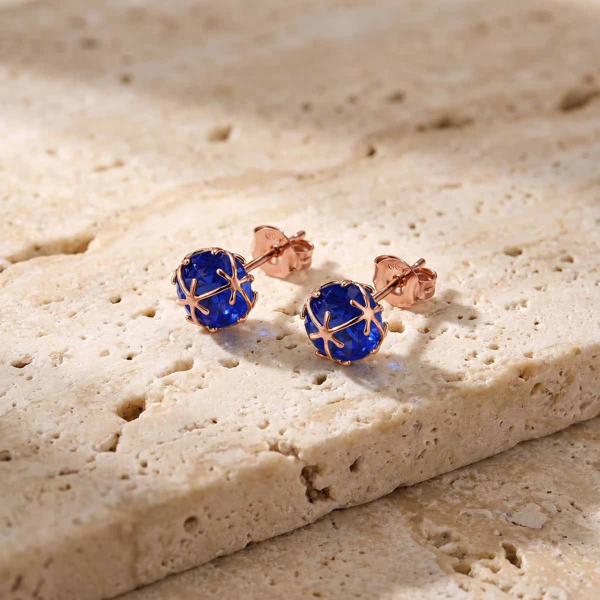 Rose Gold Sapphire Stud Earrings — Alida — travertine lifestyle