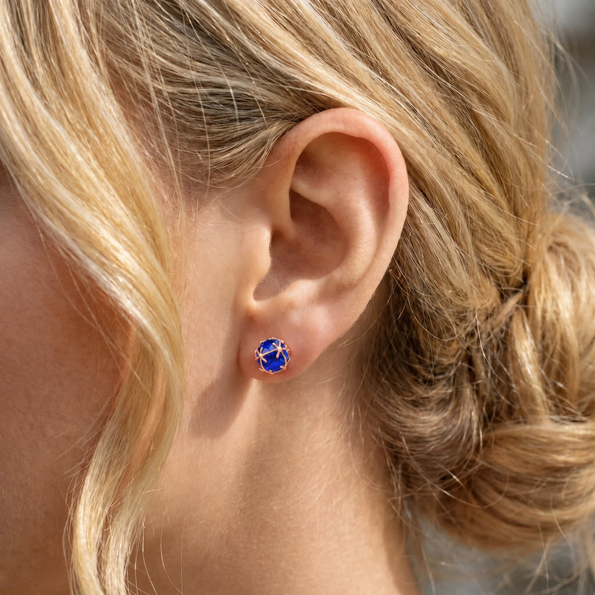 Rose Gold Sapphire Stud Earrings — Alida — model close-up