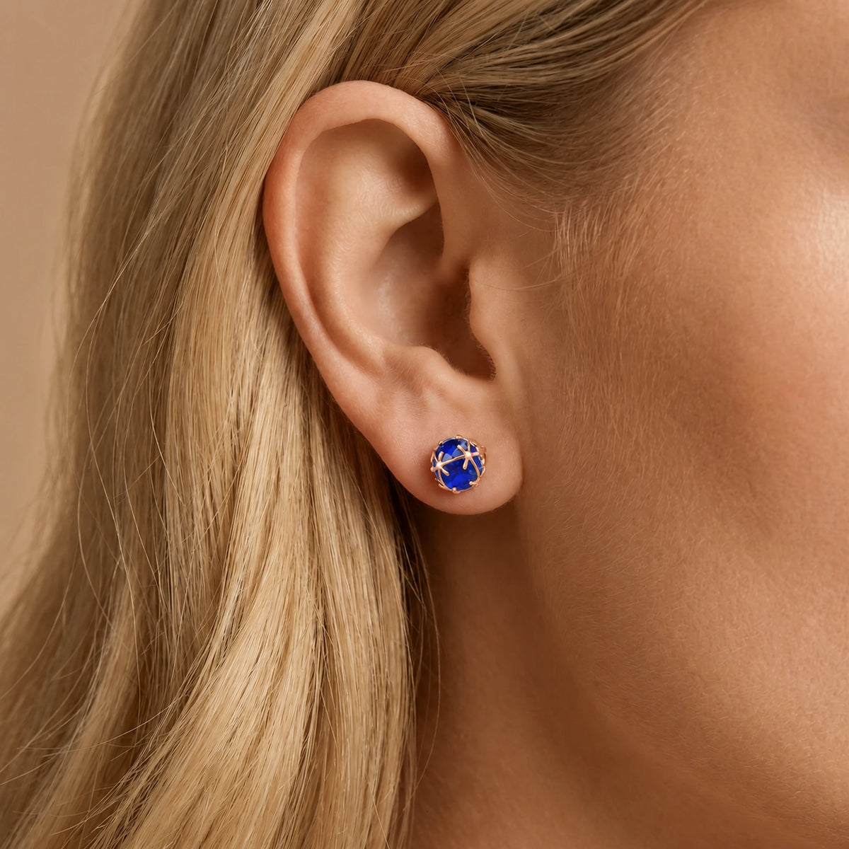 Rose Gold Sapphire Stud Earrings — Alida — model portrait