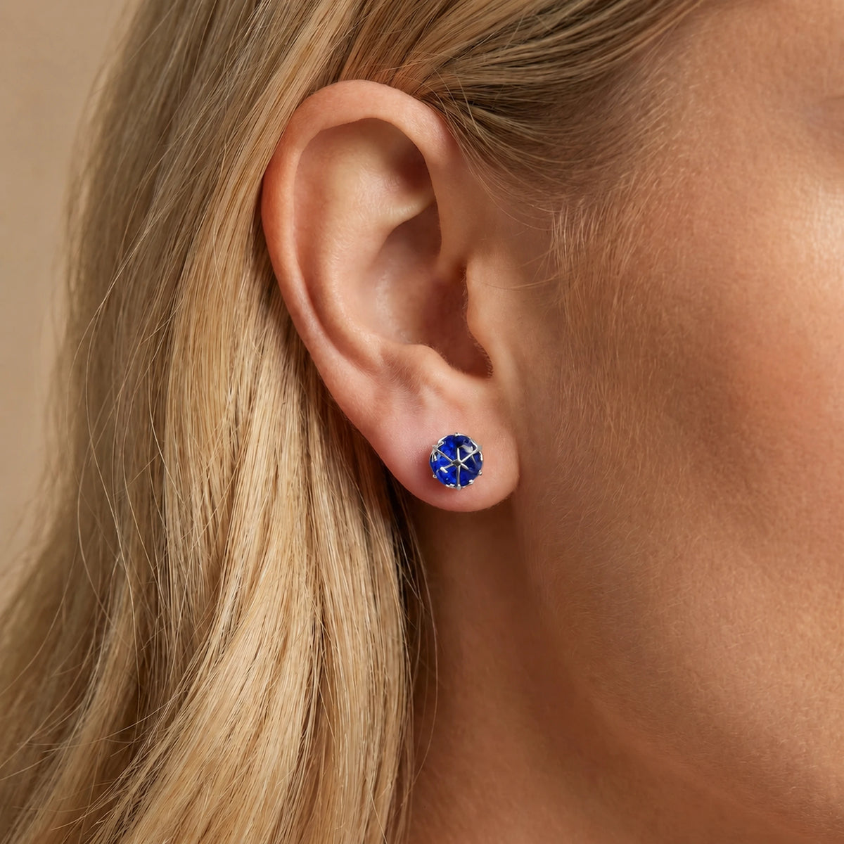 White Gold Sapphire Stud Earrings — Alida — model portrait