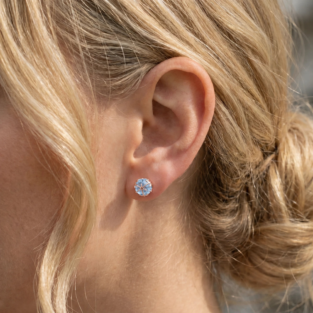 Rose Gold Aquamarine Stud Earrings — Alida — model close-up