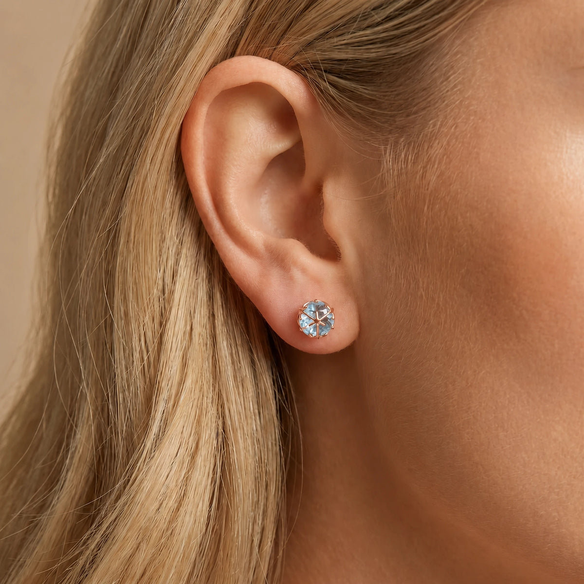 Rose Gold Aquamarine Stud Earrings — Alida — model portrait