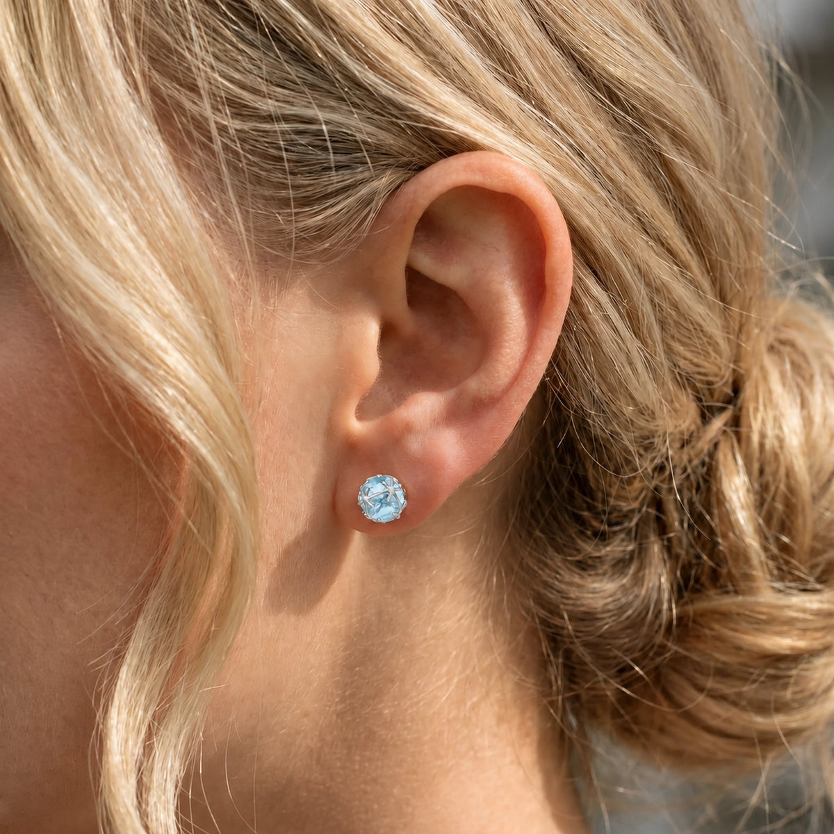 White Gold Aquamarine Stud Earrings — Alida — model close-up