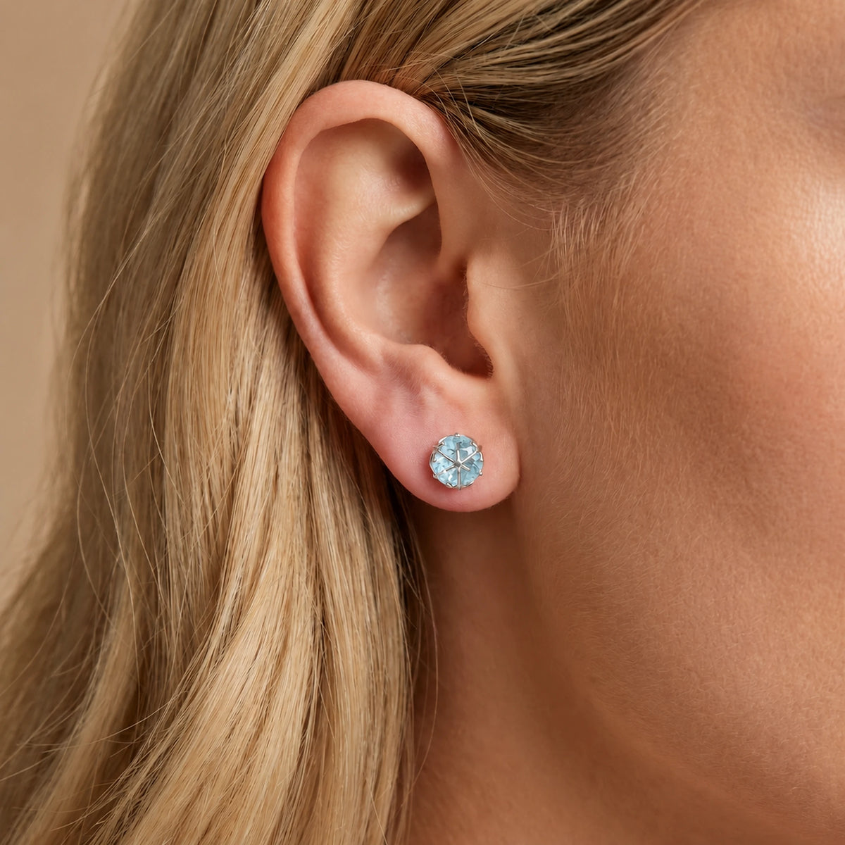 White Gold Aquamarine Stud Earrings — Alida — model portrait