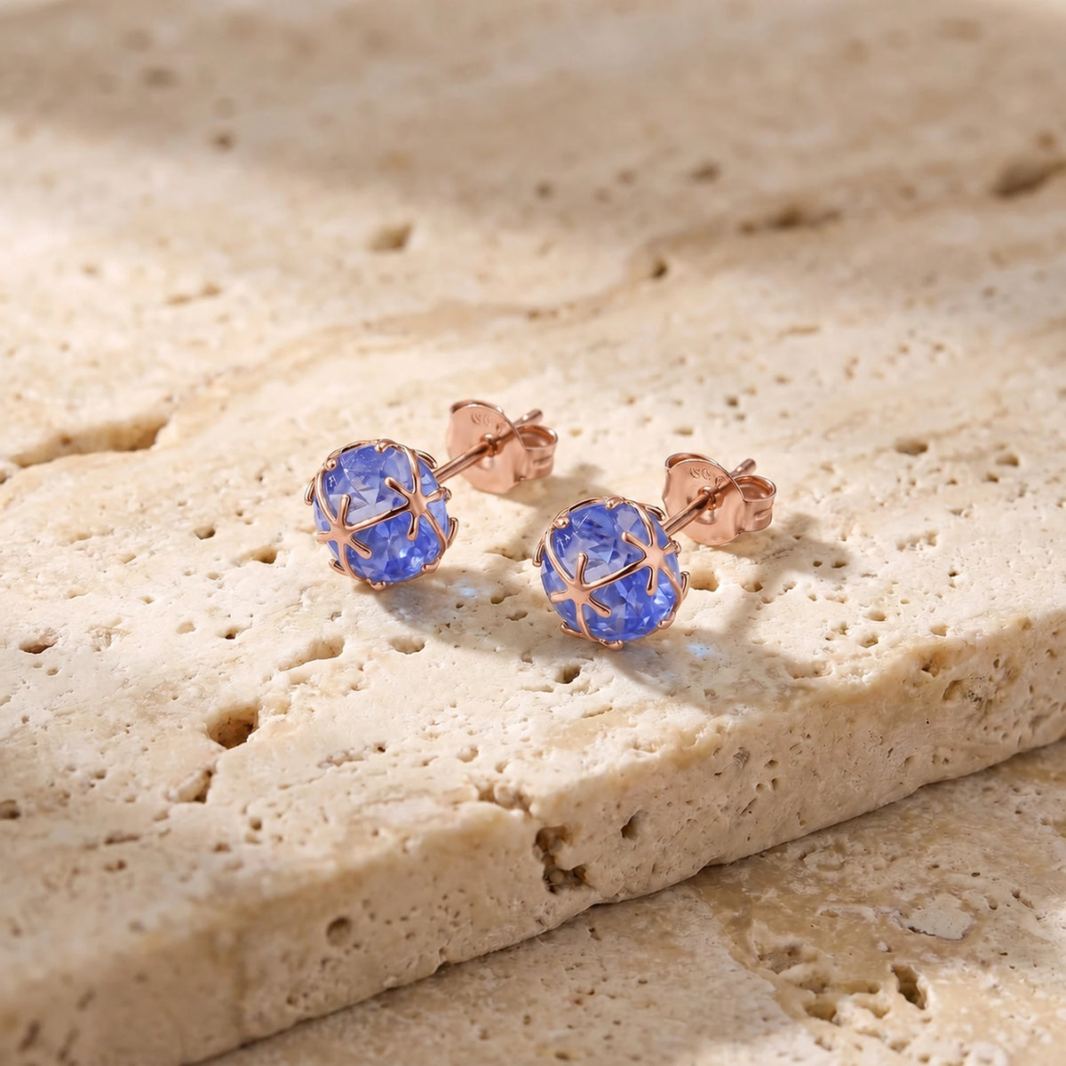 Rose Gold Tanzanite Stud Earrings — Alida — travertine lifestyle