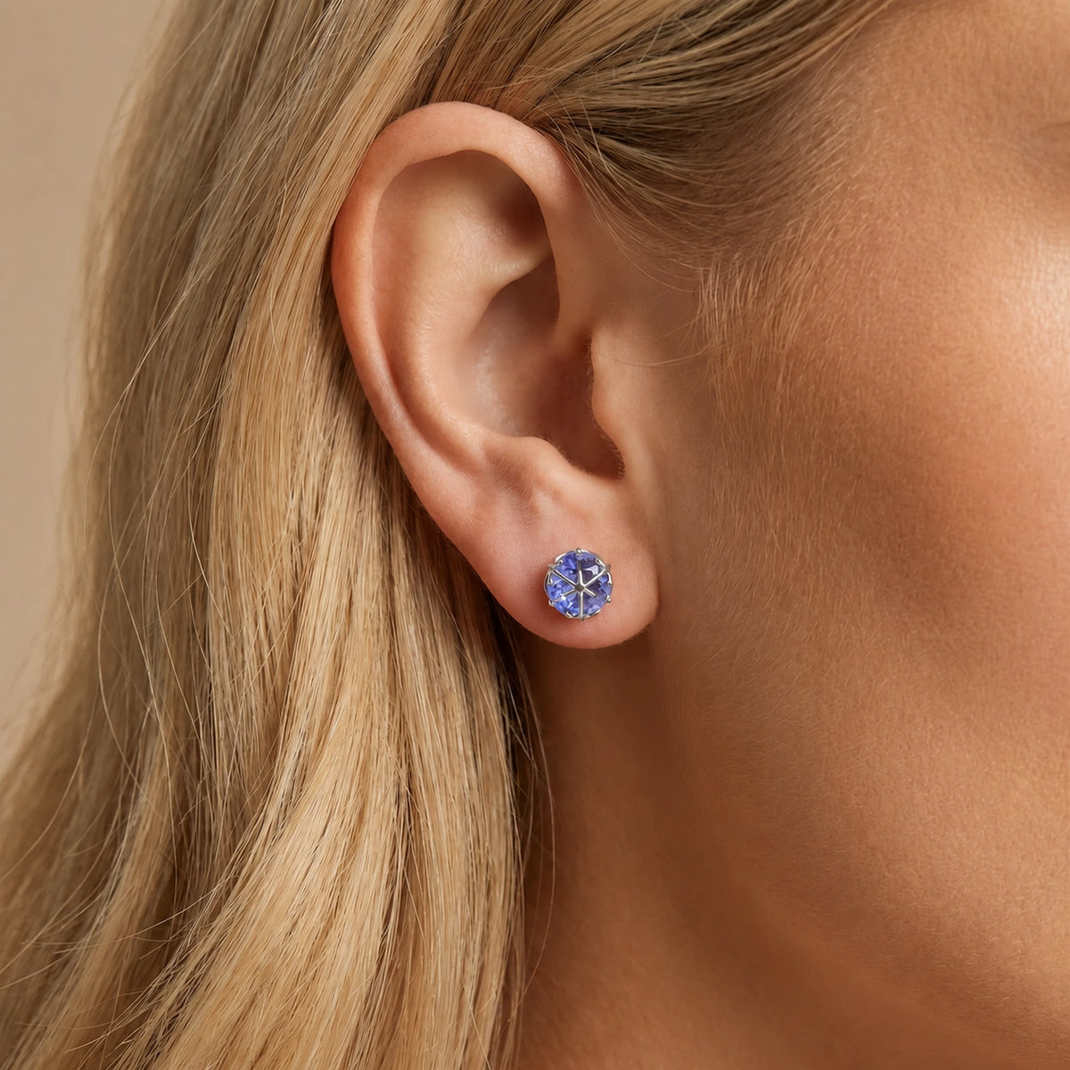 White Gold Tanzanite Stud Earrings — Alida — model portrait