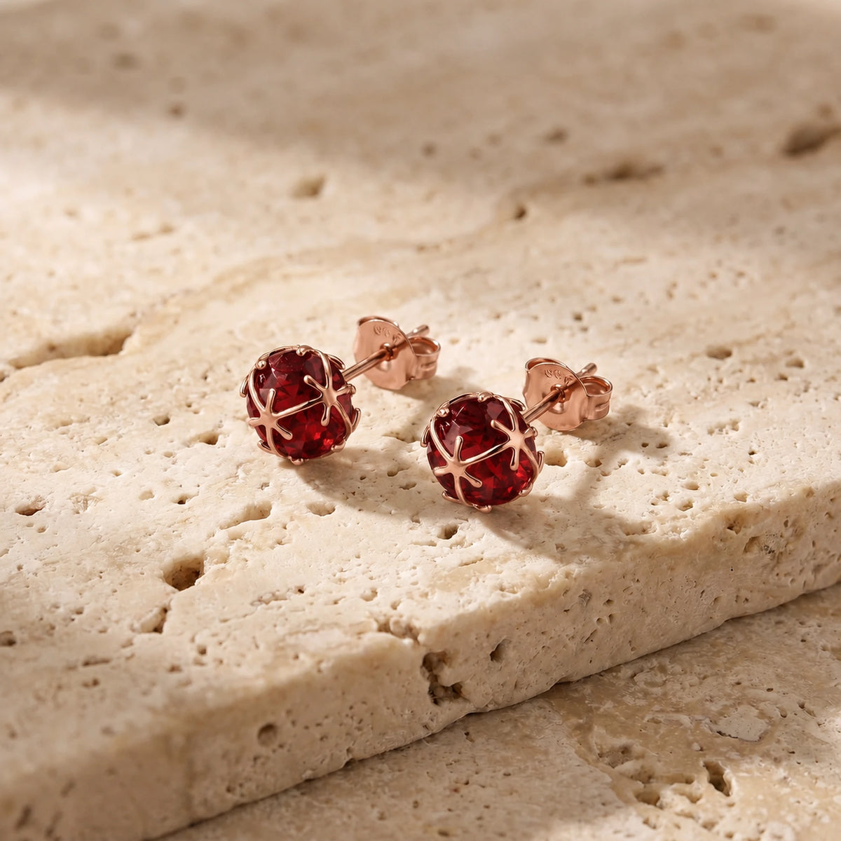 Rose Gold Ruby Stud Earrings — Alida — travertine lifestyle