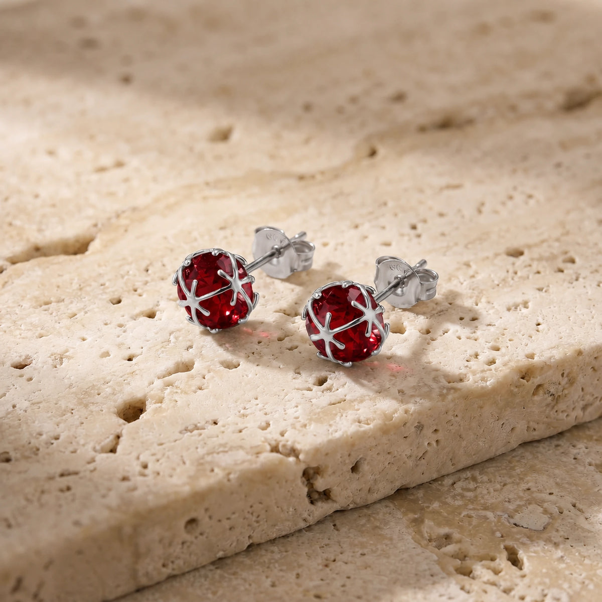 White Gold Ruby Stud Earrings — Alida — travertine lifestyle