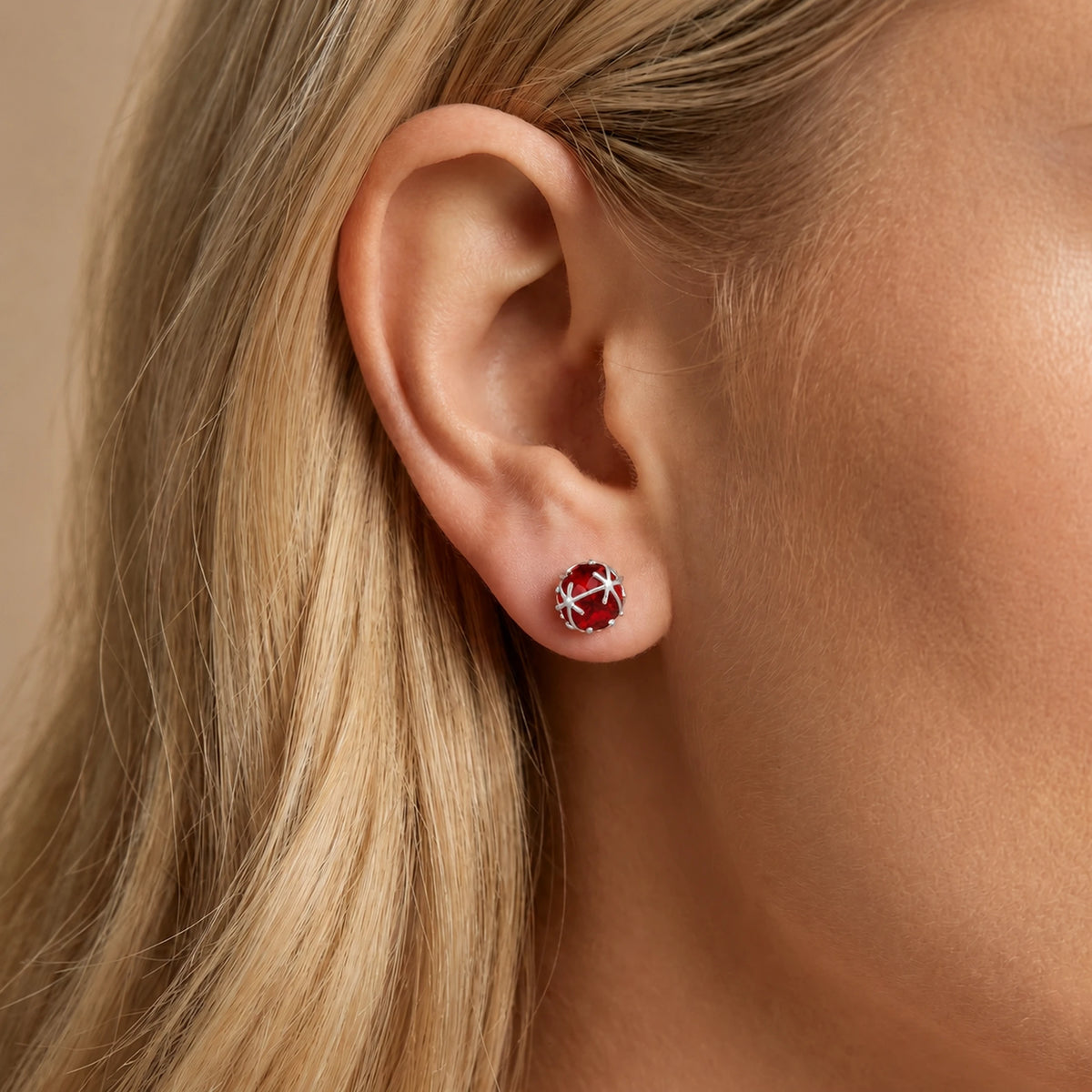 White Gold Ruby Stud Earrings — Alida — model portrait