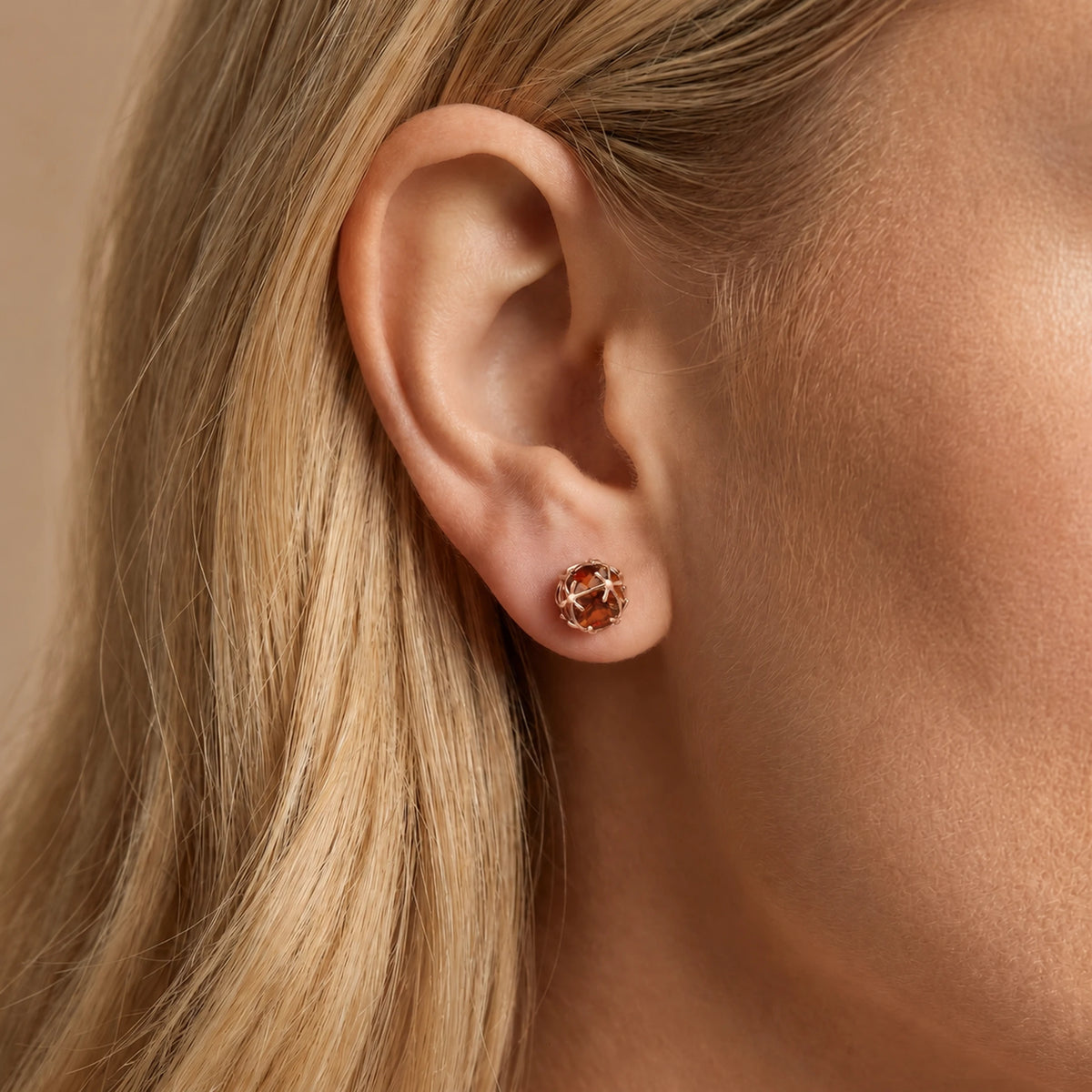 Rose Gold Garnet Stud Earrings — Alida — model portrait