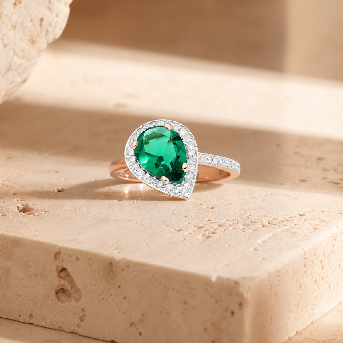 Rose Gold Emerald Ring — Marcella Cel — travertine lifestyle