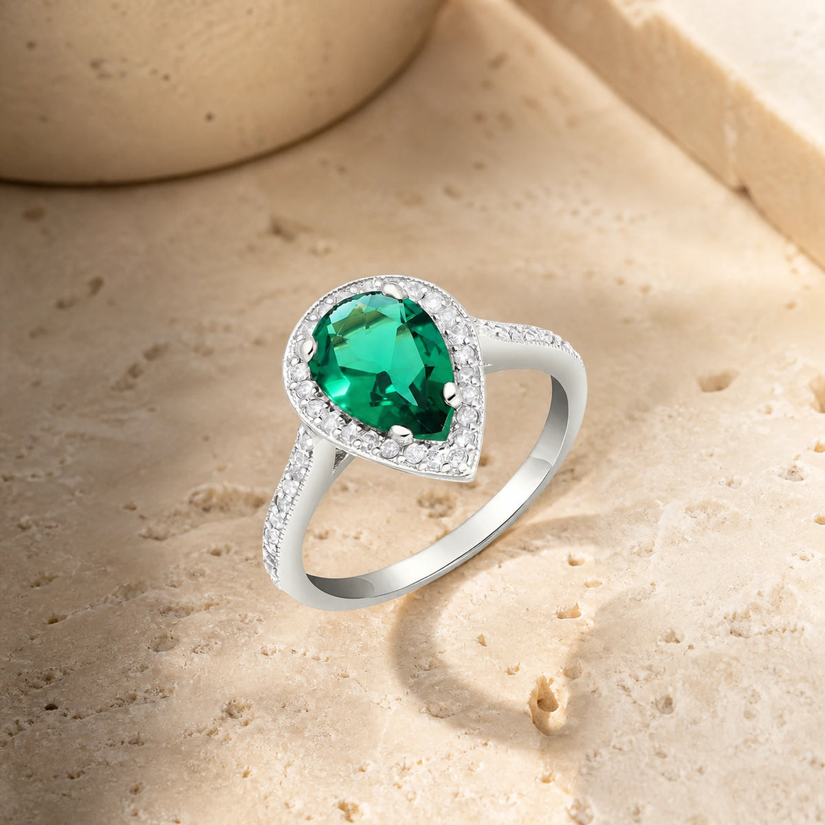 White Gold Emerald Ring — Marcella Cel — travertine lifestyle