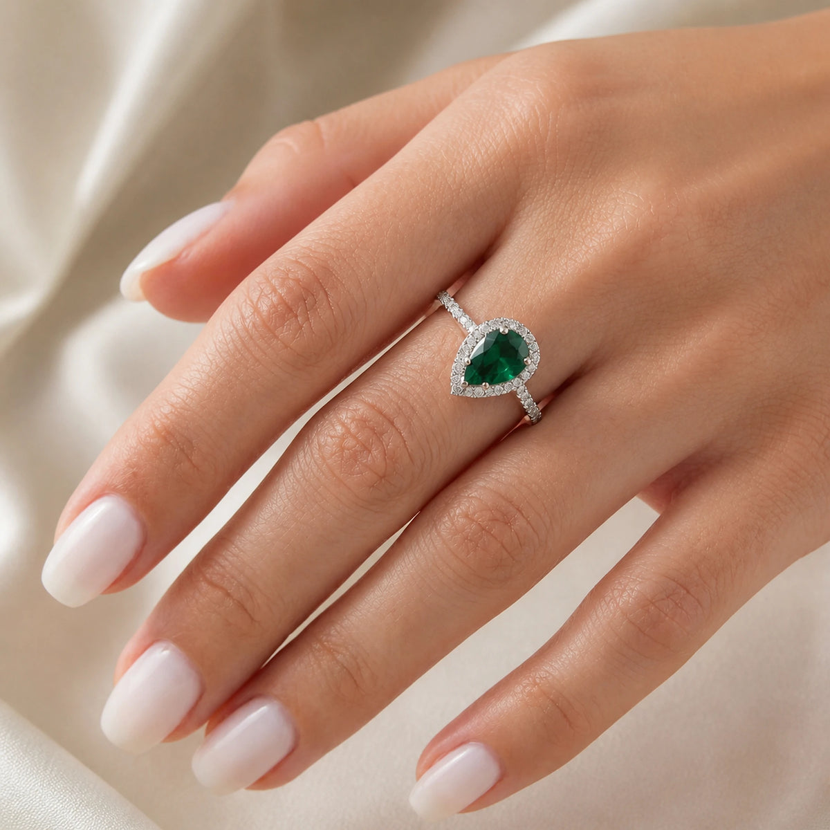 White Gold Emerald Ring — Marcella Cel — model portrait