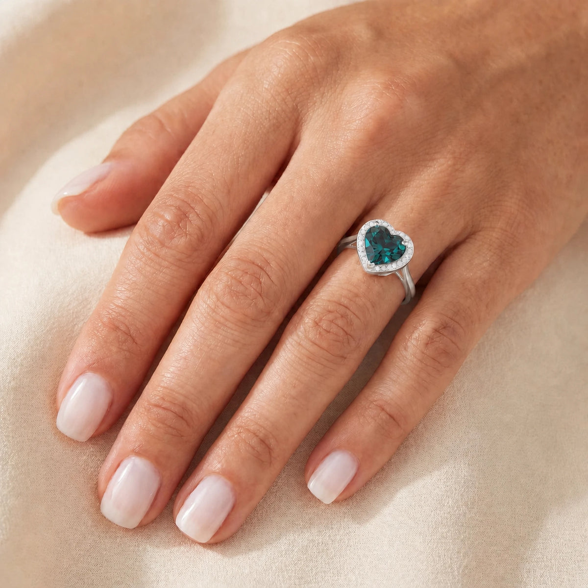 White Gold Alexandrite & Diamond Ring — Candida — model close-up