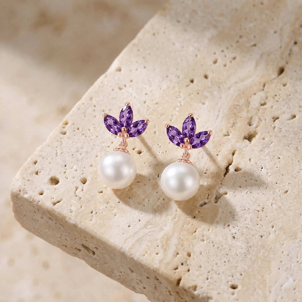 Rose Gold Earrings Amethyst 10K — Adelina