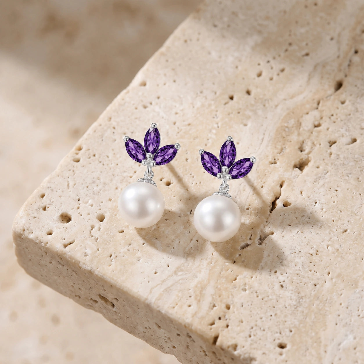 White Gold Earrings Amethyst 10K — Adelina