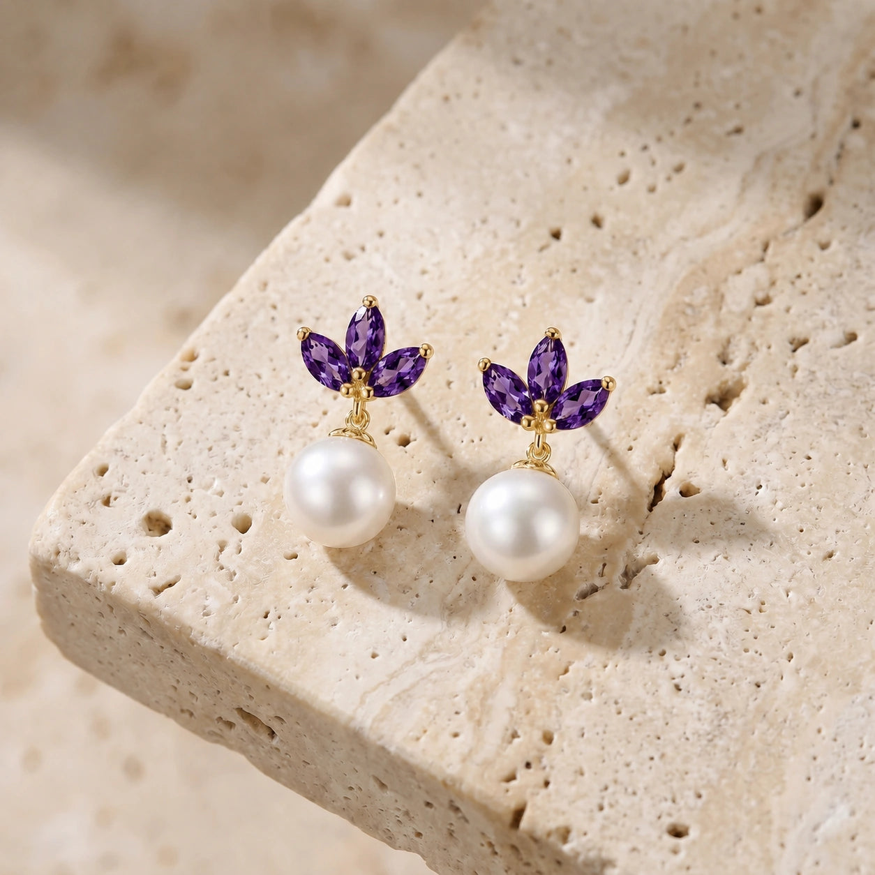 Yellow Gold Earrings Amethyst 10K — Adelina