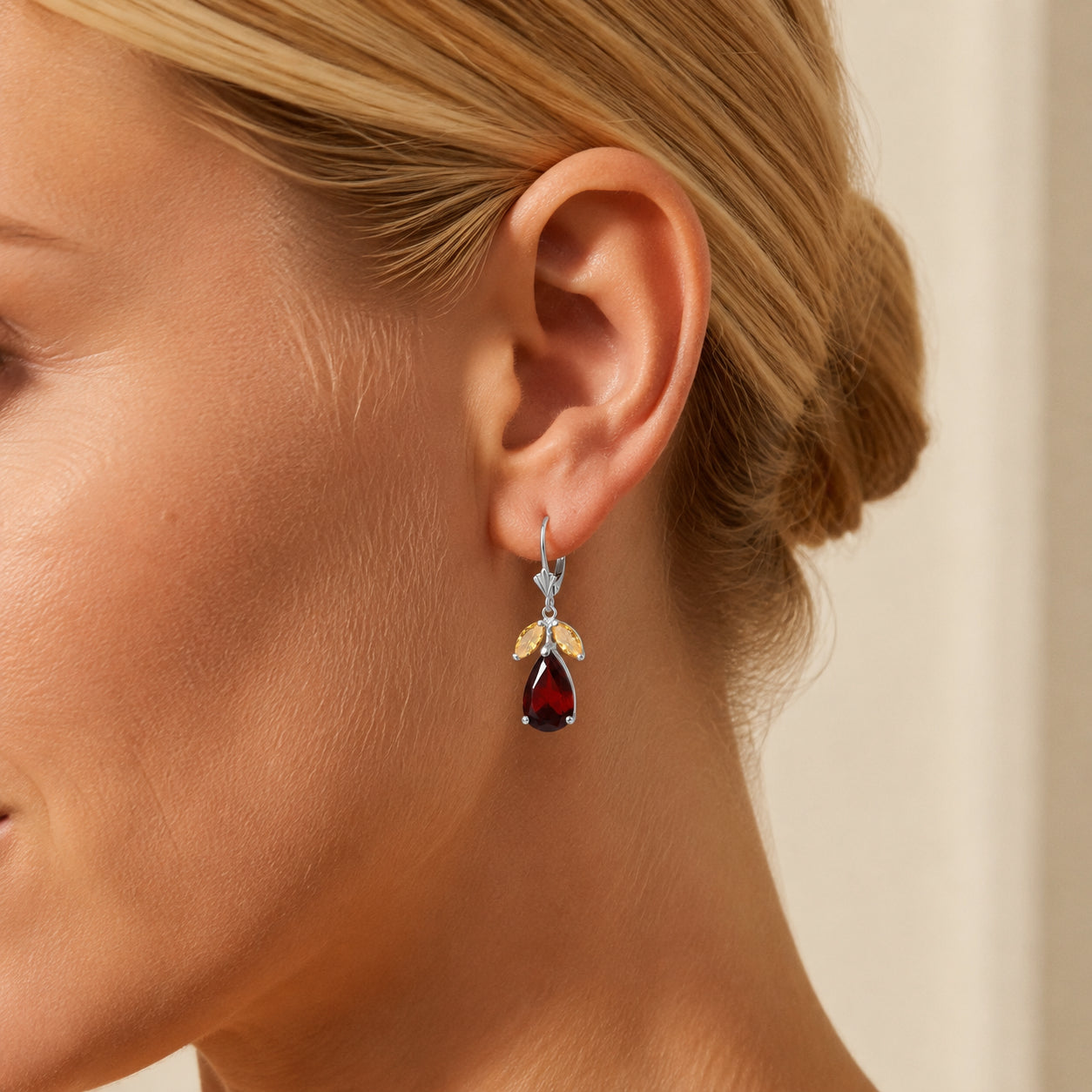 White Gold Celeste Drop Earrings Garnet 10K — Eulalia