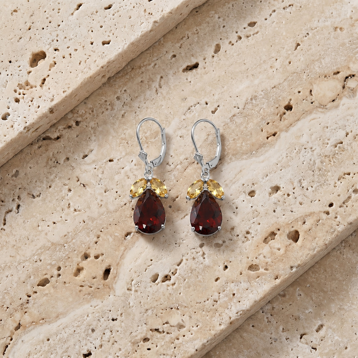 White Gold Celeste Drop Earrings Garnet 10K — Eulalia