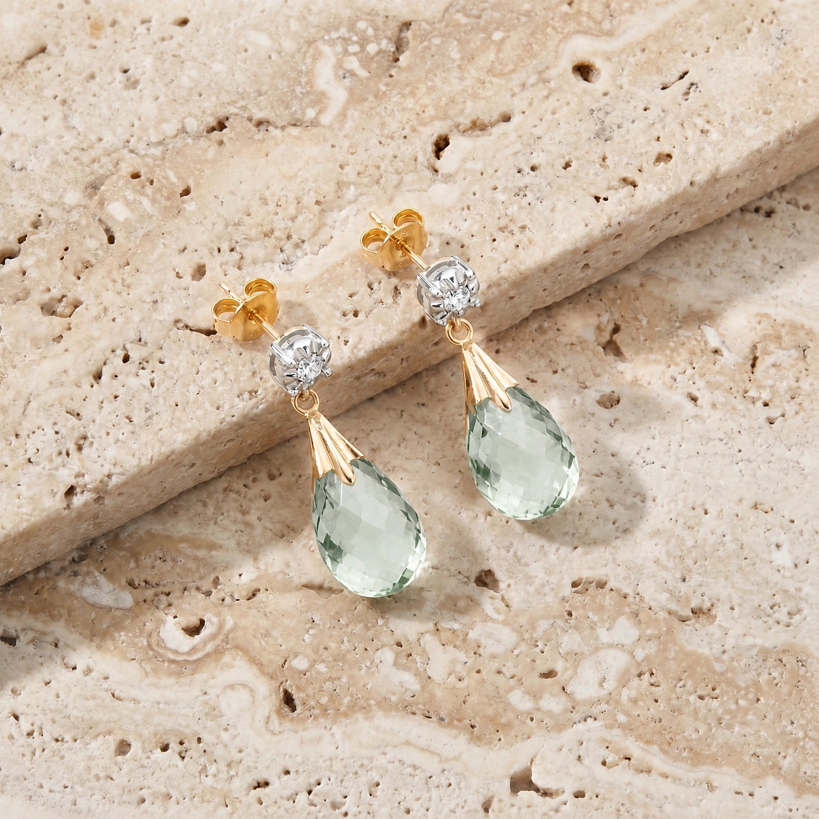 Yellow Gold Bloom Earrings Green Amethyst 10K — Albina