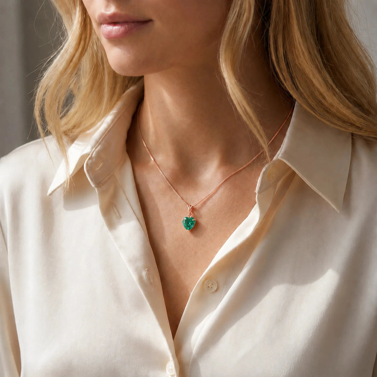 Rose Gold Alida Classic Necklace Emerald — model portrait