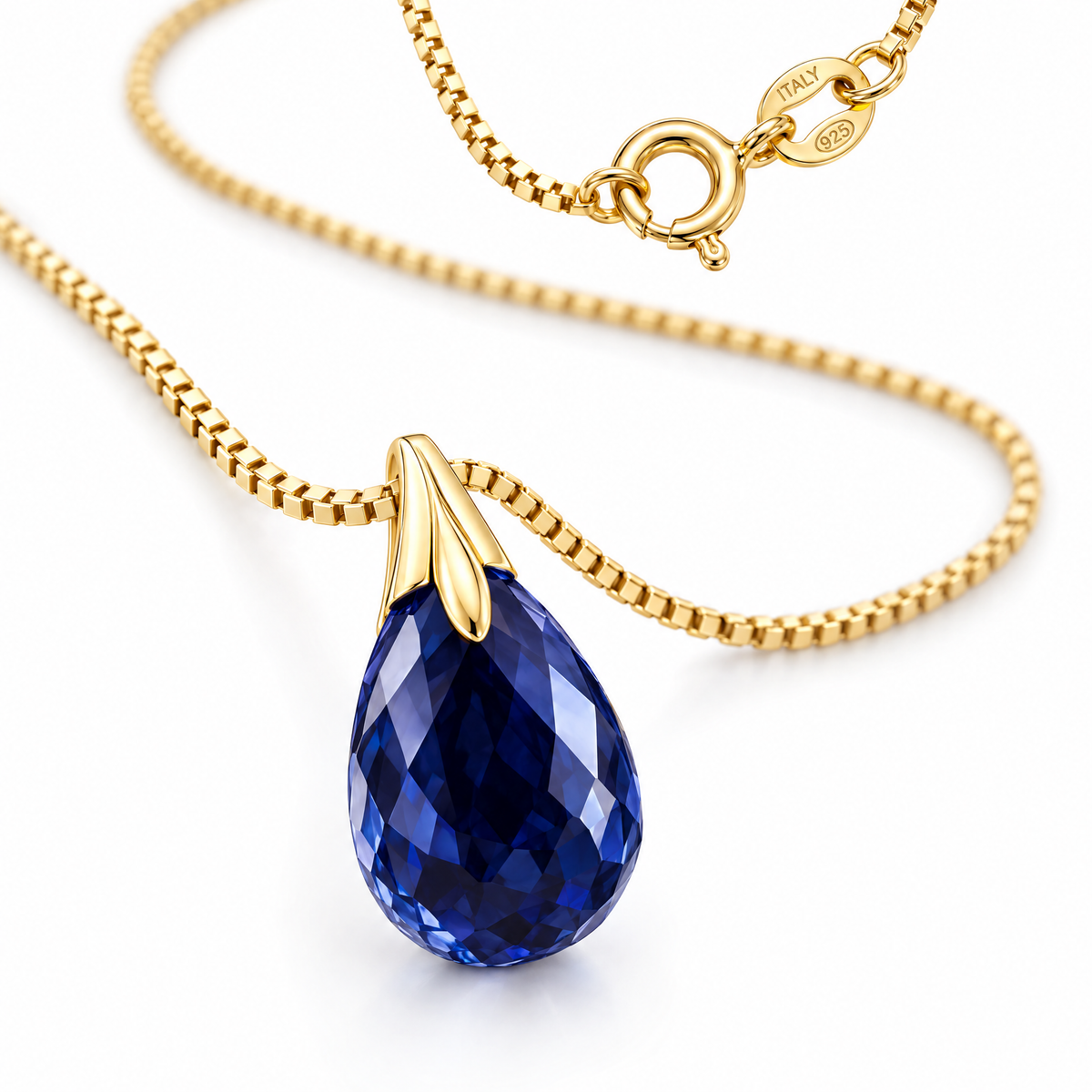 Yellow Gold Amabile lab-grown sapphire necklace, shown with chain and clasp detail.