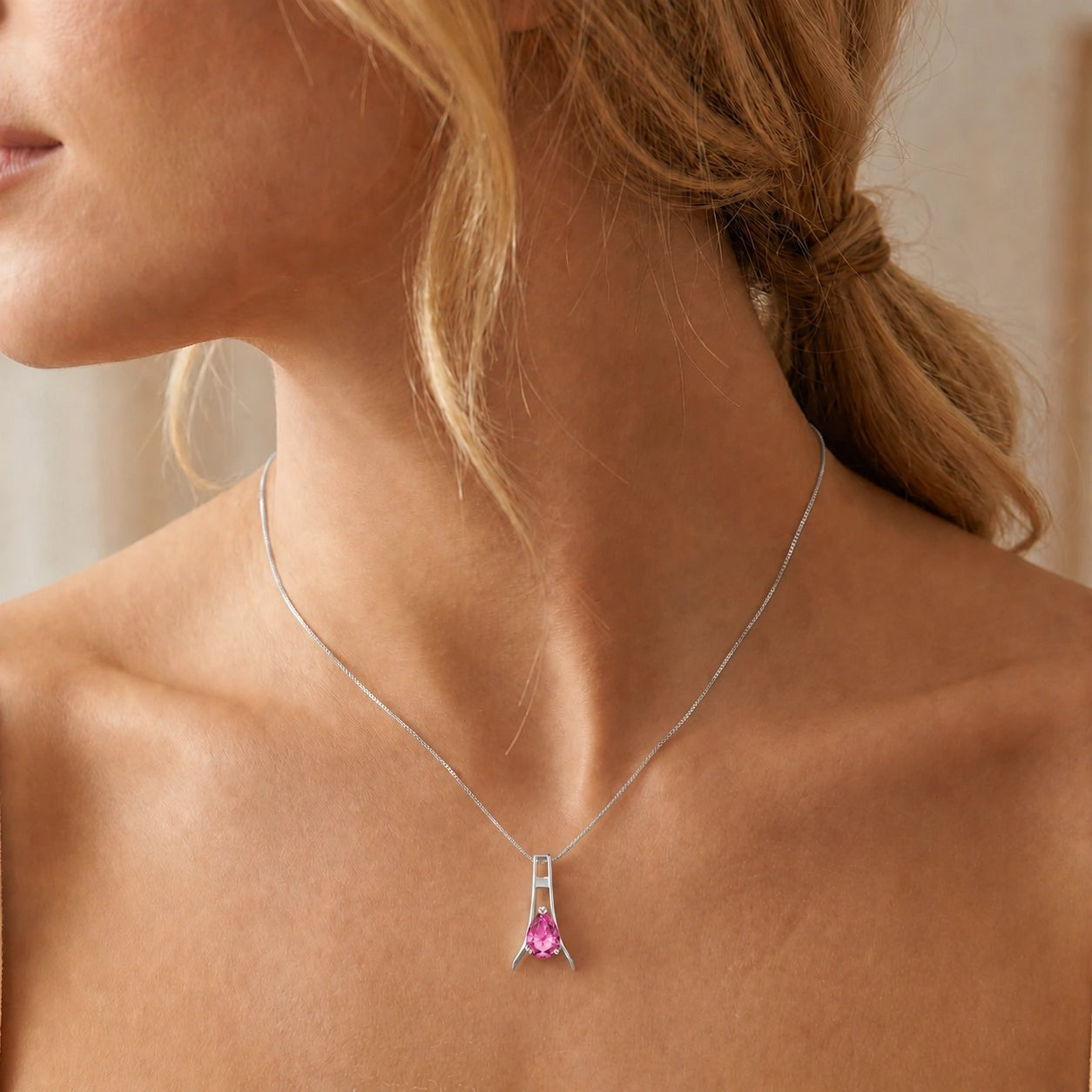 White Gold Necklace Pink Topaz 10K — Evangelina