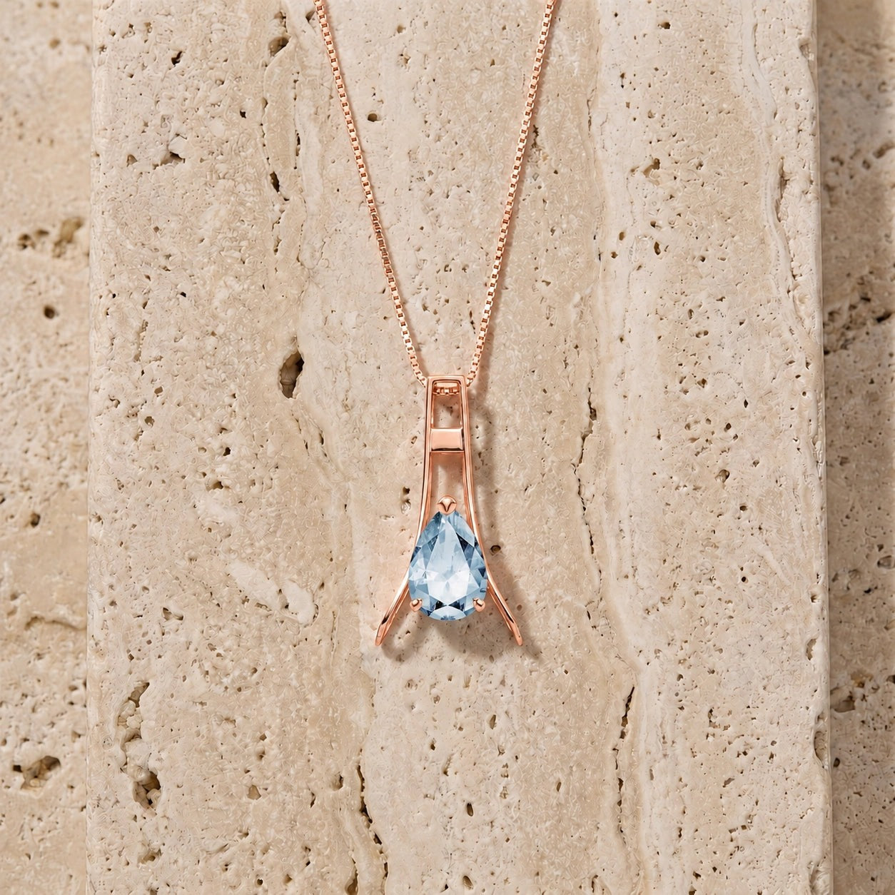 Rose Gold Necklace Aquamarine 10K — Evangelina