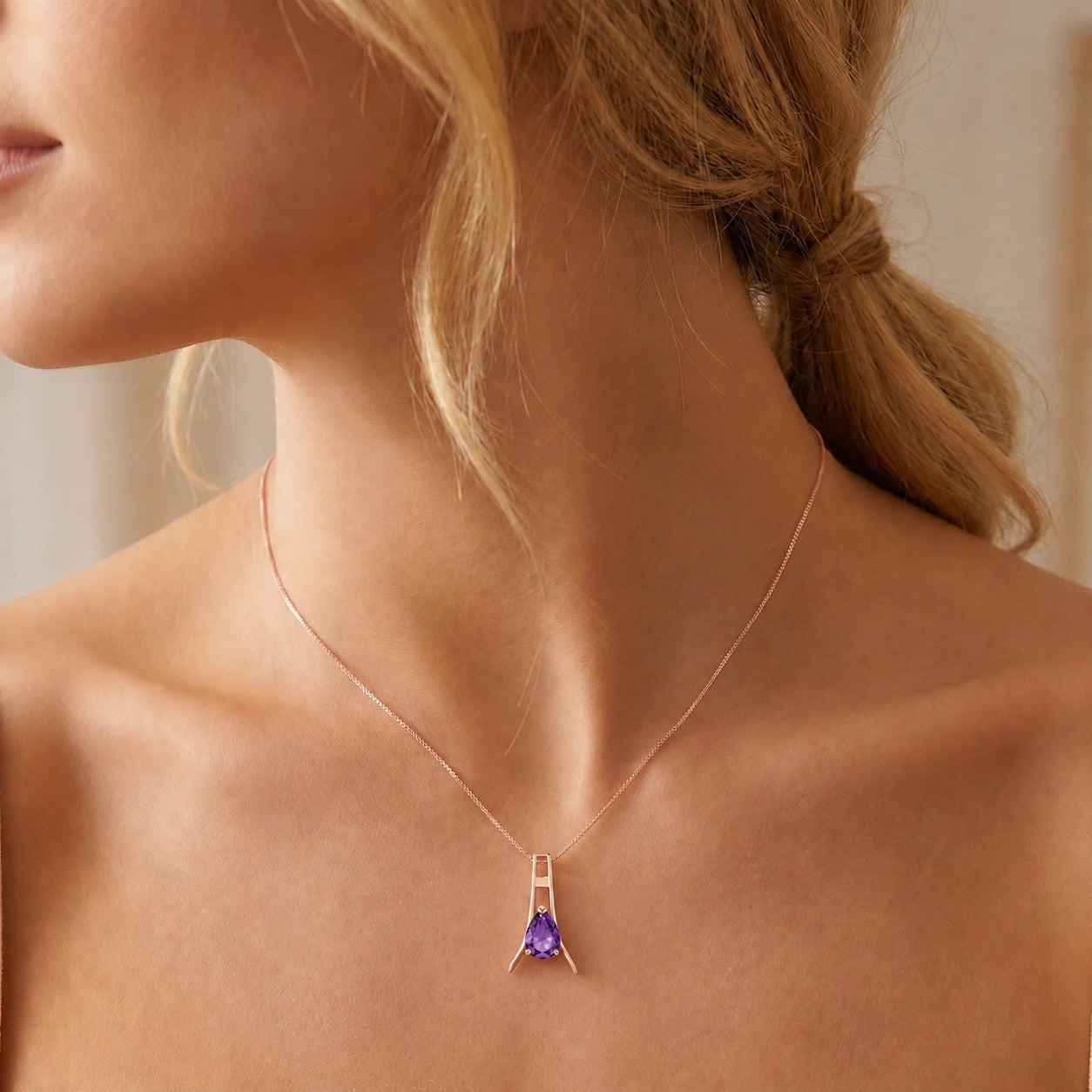 Rose Gold Necklace Amethyst 10K — Evangelina