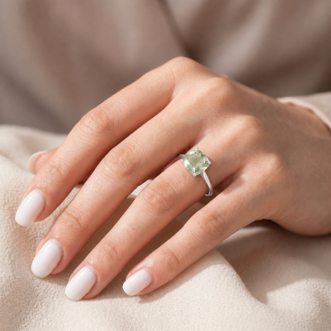 White Gold Grace Ring Green Amethyst 10K — Delfina