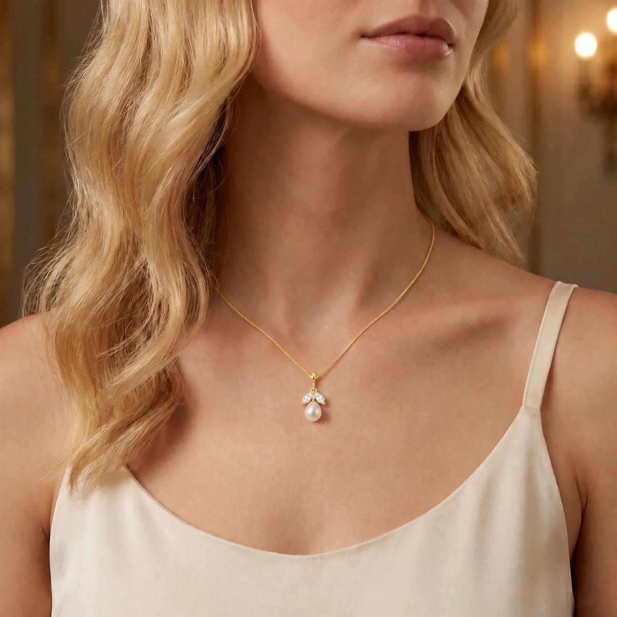 Yellow Gold Necklace Pearl & White Topaz — Arabella, on model