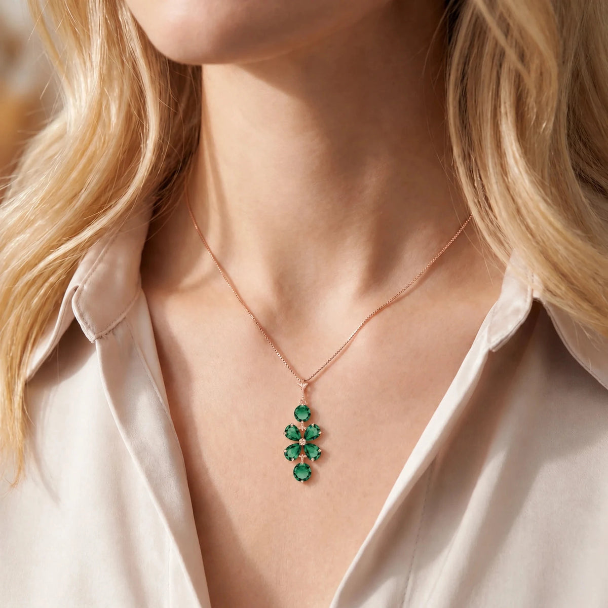 Rose Gold Arianna Classic Necklace Emerald — model close-up