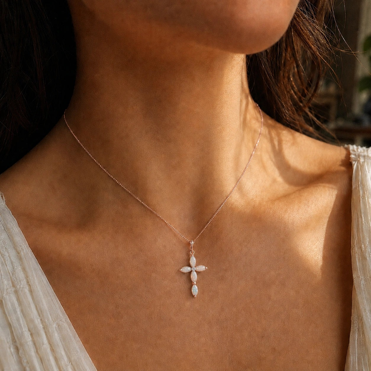 Rose Gold Charm Necklace Opal 10K — Delia