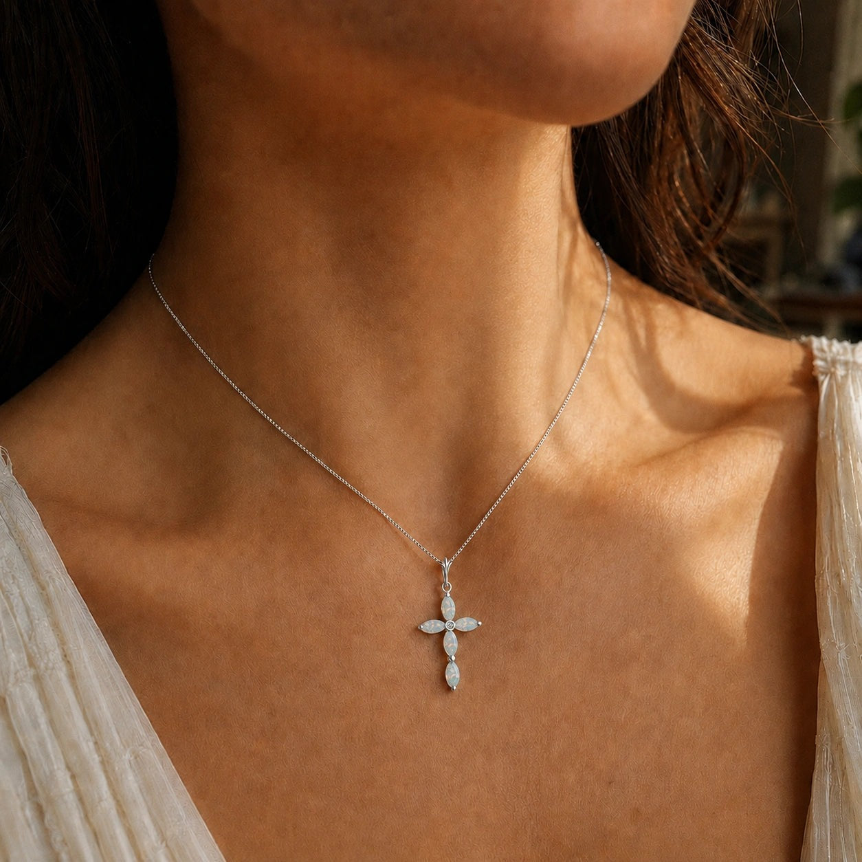 White Gold Charm Necklace Opal 10K — Delia