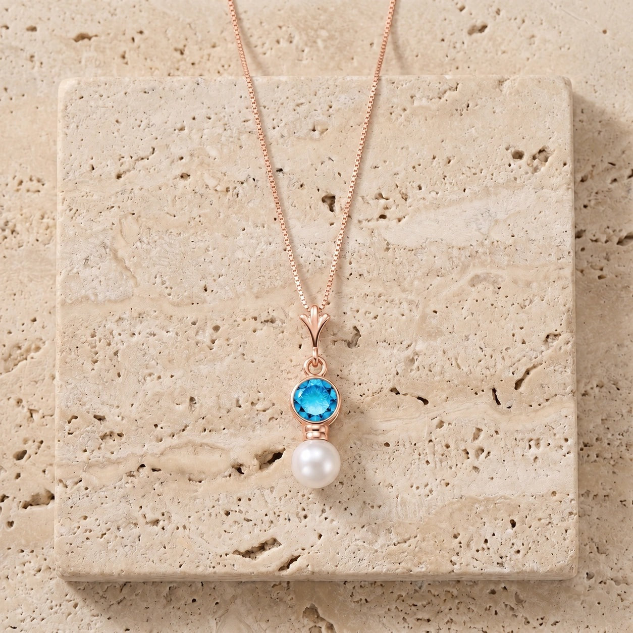 Rose Gold Rose Necklace Aquamarine 10K — Laura