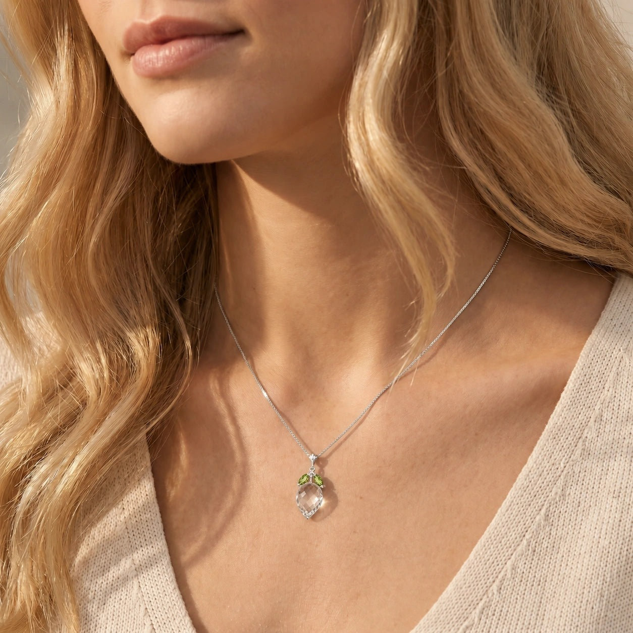 White Gold Pendant Necklace Green Amethyst 10K — Graziella