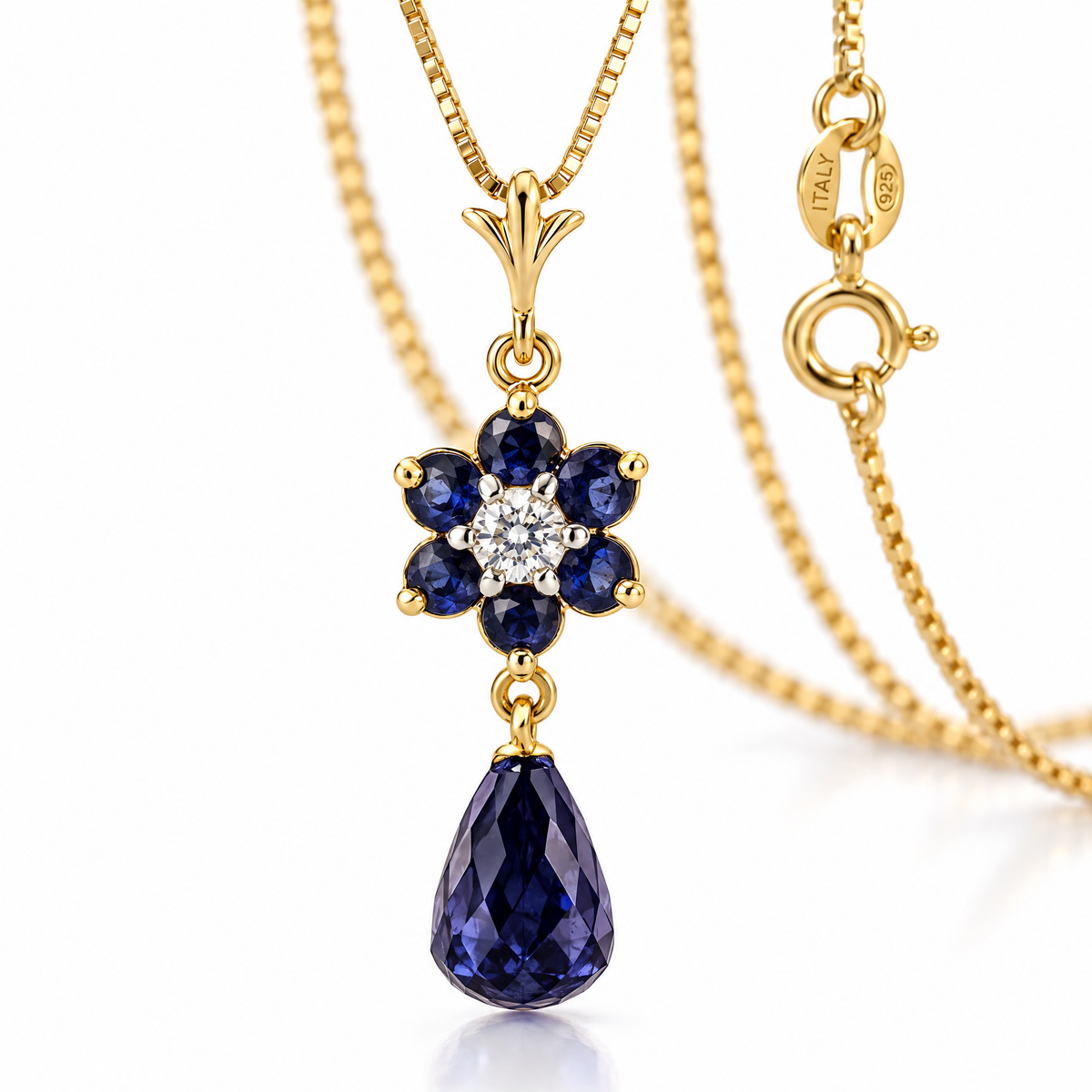 Yellow Gold Cassandra lab-grown sapphire and diamond necklace, shown with chain and clasp detail.