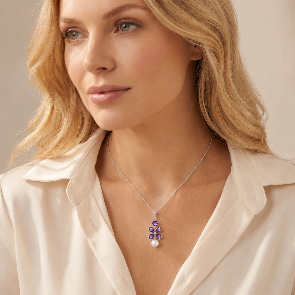 White Gold Pearl & Amethyst — Amantina